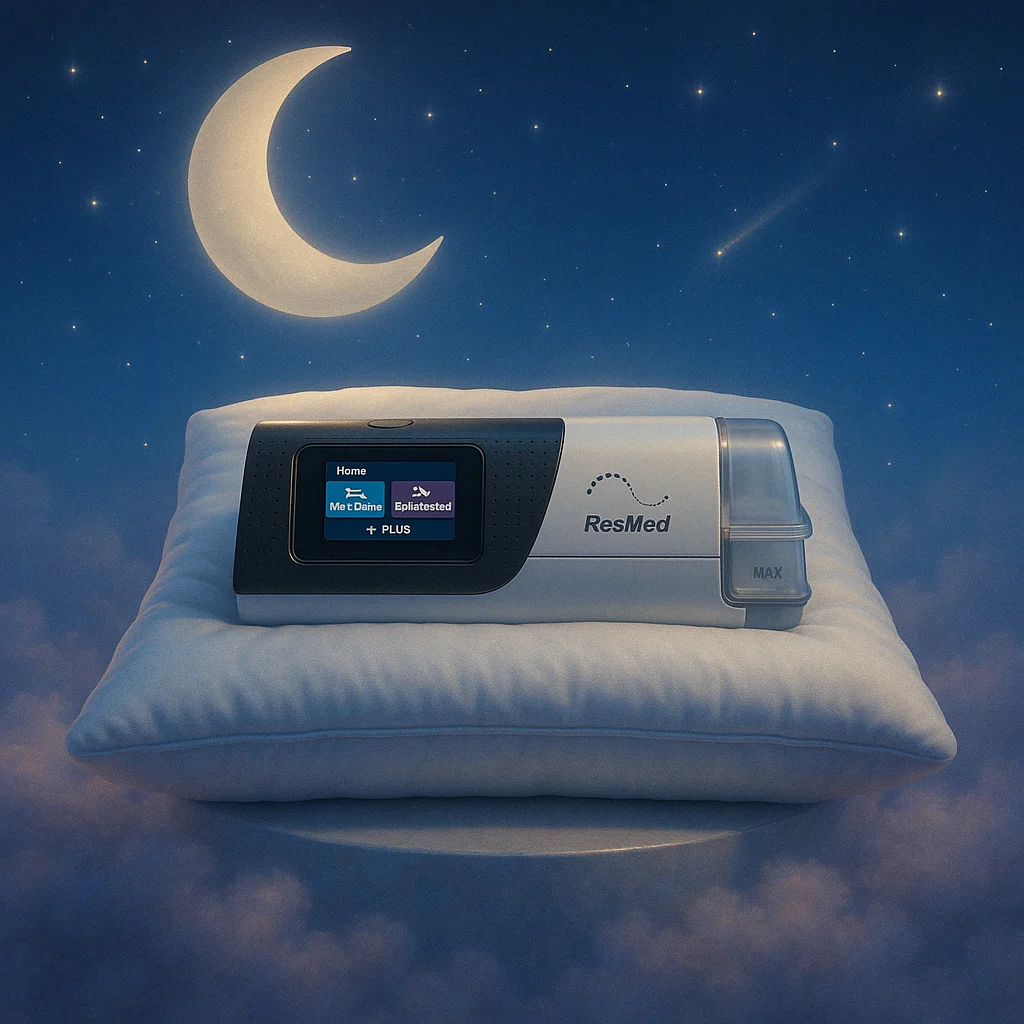 Machine PPC ResMed AirSense 11 de trois quarts, écran tactile couleur allumé et humidificateur intégré, posée dans une chambre sombre